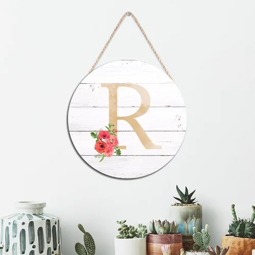 Vista 4 de Letrero de bienvenida con monograma inicial R redondo, letreros de madera con letras del alfabeto, amapola roja, floral, para jardín, 10 pulgadas