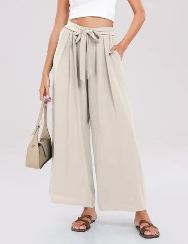 Vista 4 de Summe - Pantalones de vestir de pierna ancha para mujer, de cintura alta, estilo palazzo, casuales, de trabajo, pantalones de playa con bolsillo