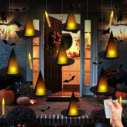 Vista 6 de Sombrero de bruja negro de Halloween con luz flotante iluminada con velas cónicas sin llama (con control remoto común) Murciélagos 3D calcomanías