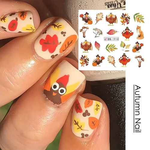 Vista 14 de Calcomanías de arte de uñas de otoño, calcomanías de agua de otoño, suministros de uñas, hojas de arce, pavo, calabaza, diseño de calcomanías
