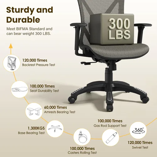 Vista 9 de Silla de oficina ergonómica, sillas de escritorio de malla para computadora con certificación BIFMA X5.1, soporte lumbar ajustable, brazo 3D