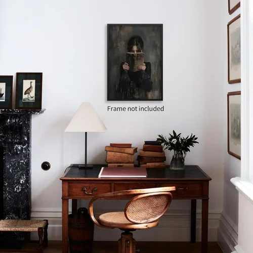 Vista 4 de Haitunone Arte de Pared de Lectura Femenina Victoriana Academia Oscura Libros Melancólicos Póster Pintura al Óleo Antigua Impresiones en Lienzo