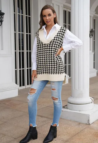 Vista 2 de Kisscynest Suéter de punto de gran tamaño con cuello en V para mujer, casual, holgado, sin mangas, suéter