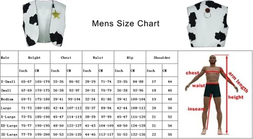 Vista 7 de Woody - Chaleco para adultos, insignia de Woody para hombre, estampado de vaca, sin mangas, abrigo para Halloween, vaquero, cosplay, accesorio, XS