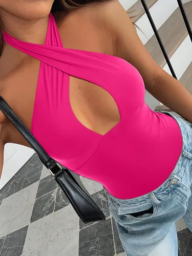 Vista 4 de REORIA Butsmooth - Camiseta ajustada sexy de moda para mujer, con cuello halter cruzado, sin mangas, para discoteca