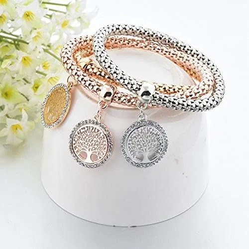 Vista 4 de Long Way 3 pulseras de abalorios chapados en oro rosa y plata para mujer pulsera elástica multicapa de cristal