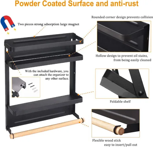 Vista 5 de Organizador de estante para refrigerador, soporte magnético para toallas de papel, para cocina, refrigerador, especias, almacenamiento (negro)