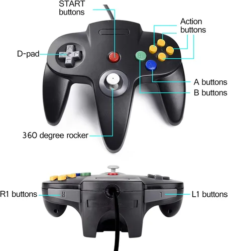 Vista 4 de Paquete de 2 controladores clásicos N64 (negro) con 2 cables de extensión de controlador N64 de 6 pies