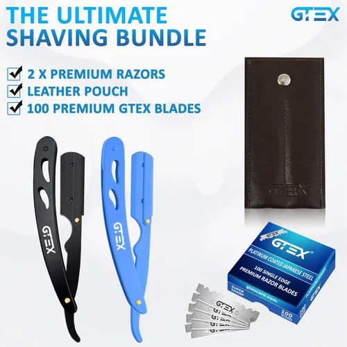 Vista 3 de 2 maquinillas de afeitar rectas para hombres (azul negro), 100 cuchillas GTEX de primera calidad (acero japonés) – Paquete de 2 maquinillas
