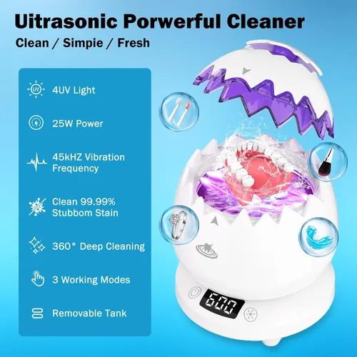 Vista 2 de Limpiador ultrasónico de retenedores para dentaduras, cápsula de limpieza dental de 45 kHz con temporizador digital, 3 modos, limpiador ultrasónico