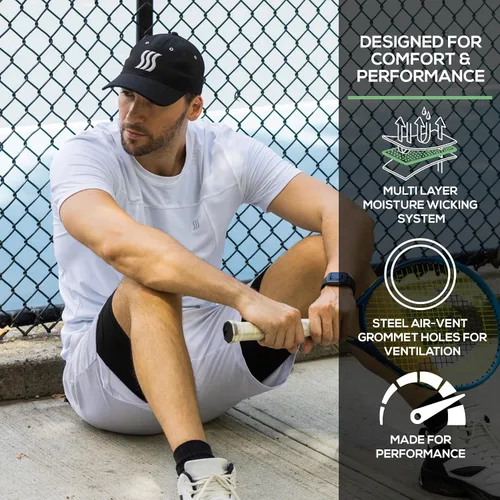Vista 9 de SAAKA Sombrero de rendimiento para hombres y mujeres. Ajustable, absorbe el sudor. Golf, tenis, correr y deportes.