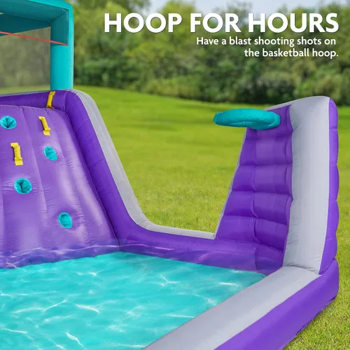 Vista 5 de Sunny & Fun - Parque inflable de cuatro esquinas, resistente para diversión al aire libre, pared de escalada, tobogán y piscina profunda, fácil