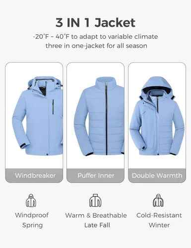 Vista 4 de Wantdo Abrigos de invierno 3 en 1 para mujer, chaqueta de esquí impermeable con capucha, chaqueta de snowboard