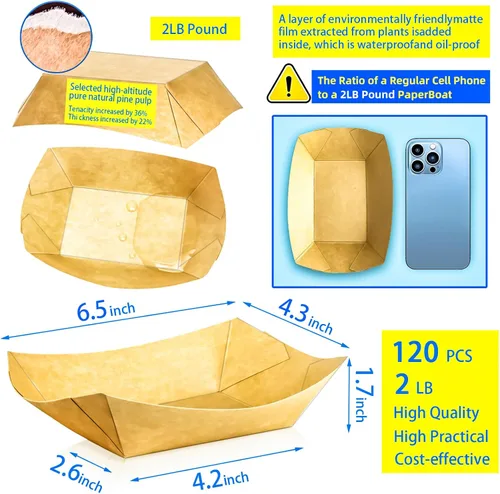 Vista 2 de Paquete de 120 bandejas de papel desechables de 2 libras de papel para barcos, bandeja de servir comida kraft, cestas para aperitivos, palomitas