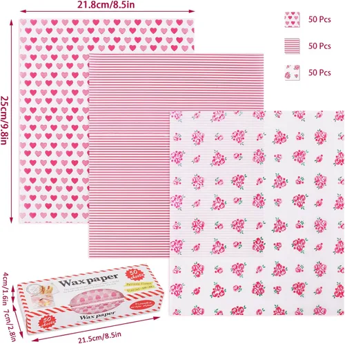 Vista 2 de Whaline 150 hojas de papel de cera para el día de San Valentín, diseño de corazón rosa a rayas rosadas, papel de pícnic, a prueba de grasa