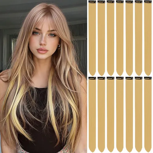 Vista 26 de 20 extensiones de cabello de colores, coloridas extensiones de cabello sintético con clip, extensiones de cabello sintético largo y lacio