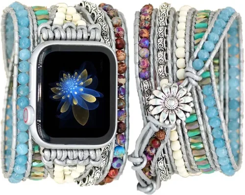 Vista 15 de Correa de reloj de cuerda trenzada con cuentas, estilo bohemio, gira 5 veces, múltiples capas, compatible con reloj Apple Watch de 45 mm, 41 mm, 44