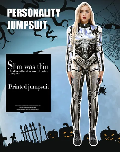 Vista 4 de SEAUR - Disfraces de Halloween para mujer con estampado 3D, overol de esqueleto de manga larga, divertido overol ajustado