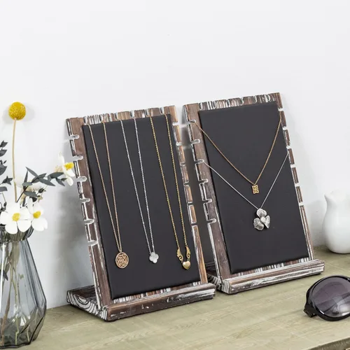 Vista 2 de MyGift Expositor de joyas de madera rústica con alfombrilla acolchada negra sobre tablero extraíble, collar de mesa de pie, pulsera, tobillera