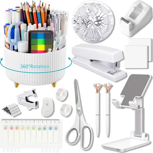 Vista 28 de Suministros de oficina, accesorios de escritorio negros, juego de suministros de oficina, juego de grapadora y dispensador de cinta, tijeras