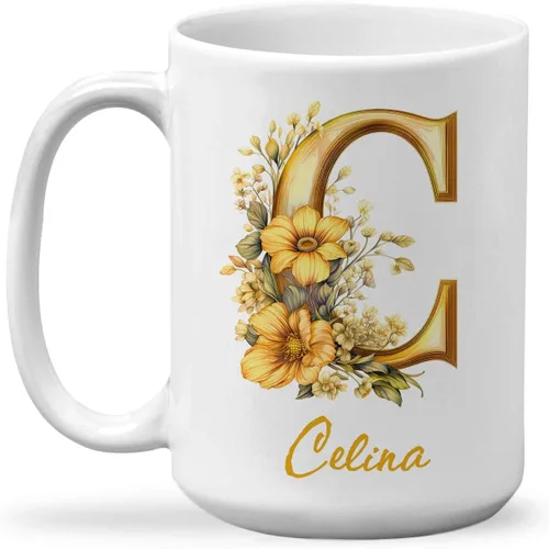 Vista 31 de Taza de cerámica personalizada con letra A del alfabeto, taza de café personalizada con nombre, taza de té inicial con monograma floral