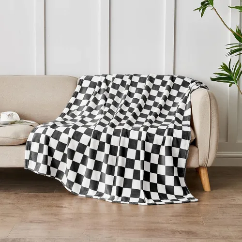 Vista 4 de Edenleaf - Manta de forro polar a cuadros negros para sofá, cálida decoración del hogar Ultra Soft Cozy Fuzzy Blanket for Bed Sofa, Fluffy