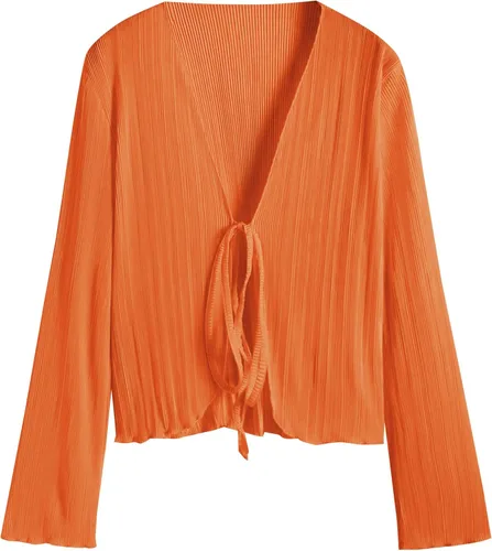 Vista 6 de ZAFUL Blusa plisada de manga larga con cuello en V profundo y lazo frontal para mujer