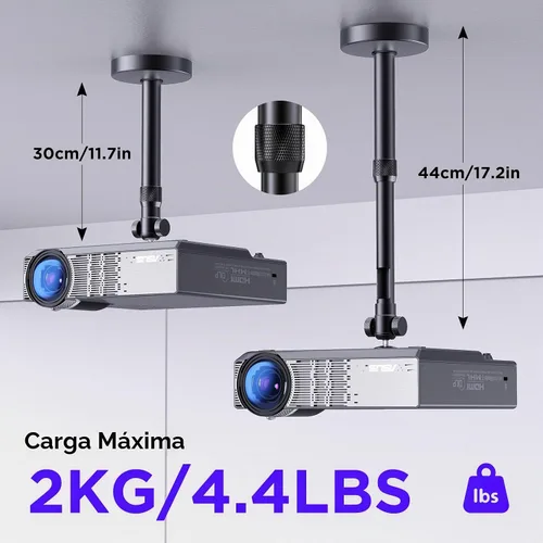 Vista 4 de DAWASAPAT Soporte de techo para proyector con nuevo cardán, soporte de proyector de longitud ajustable, tornillo de ¼ de pulgada, compatible