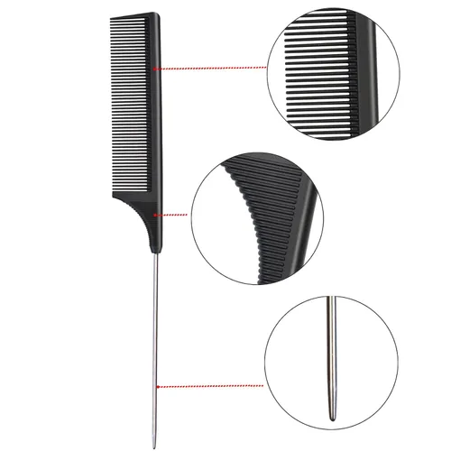 Vista 3 de 3 peines de cola de rata, fibra de carbono, resistentes al calor, con cola de acero inoxidable para todo tipo de cabello (negro)