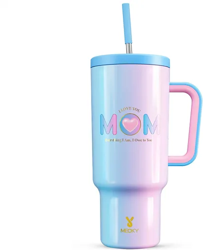 Vista 33 de Meoky - Vaso de 30 oz con asa, tapa y pajilla, taza de viaje térmica de acero inoxidable 100% a prueba de fugas, para portavasos, mantiene el frío