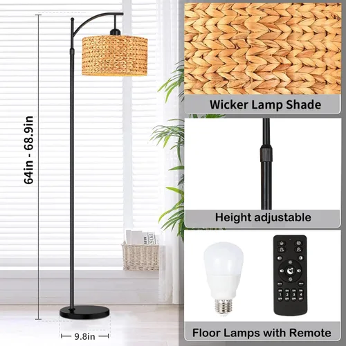 Vista 5 de QIYIZM Lámpara de pie para sala de estar, dormitorio, estilo granja, arco, ratán, boho, lámpara de pie con control remoto regulable, pantalla