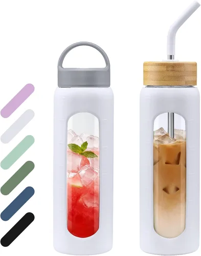 Vista 9 de WINSA - Botella de agua de vidrio de 24 onzas, vaso de vidrio con popote, botellas reutilizables con 2 tapas - Tapa con asa y tapa de bambú