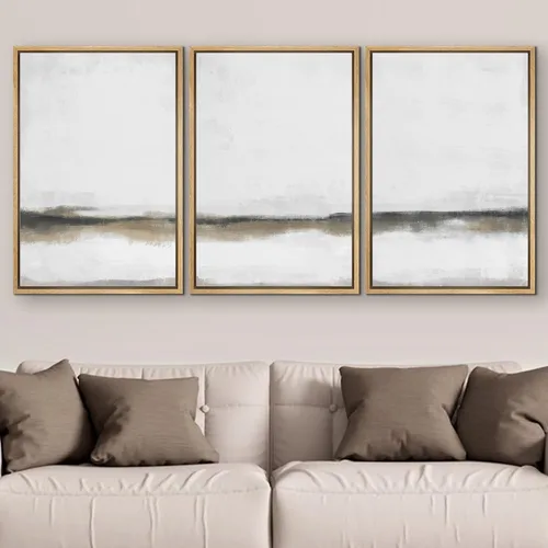 Vista 433 de SIGNFORD - Set de obras de arte en lienzo enmarcado para pared, ilustraciones abstractas de neblina del desierto en tonos neutros beige y marrón
