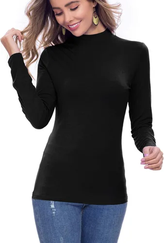 Vista 3 de Camisas de manga larga para mujer, cuello alto, ajustadas, básicas, elásticas, ligeras, de capa