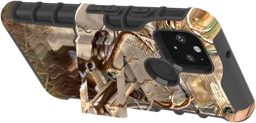 Vista 4 de Funda para Google Pixel 5 con protector de pantalla de vidrio templado, resistente a prueba de golpes, funda para cinturón, soporte (ciervo)