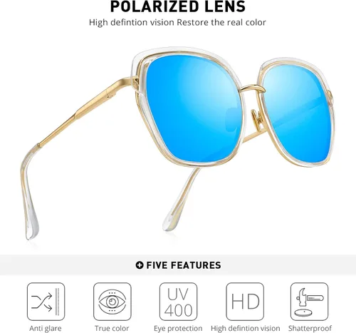 Vista 5 de Gafas de sol polarizadas vintage con marco de escudo para mujer con caja de regalo O6371