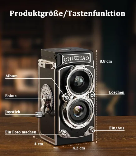Vista 8 de Cámara digital retro de Chuzhao, cámara vintage portátil estilo TLR de doble lente, 12MP con enfoque automático, 1080P FHD, cámara de apuntar