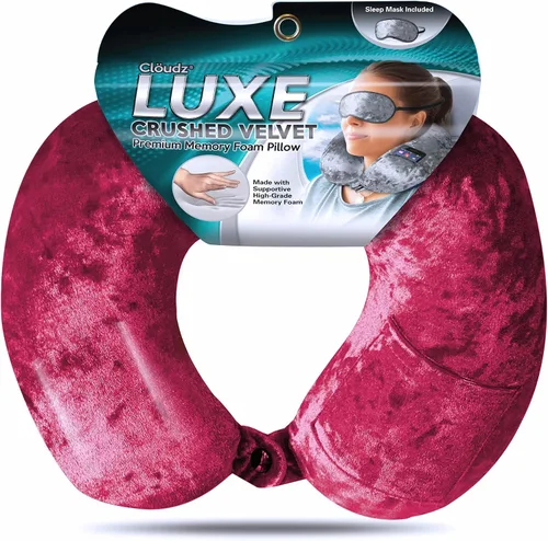 Vista 2 de Luxe Crushed Velvet Ultra Premium Comforlite Almohada de cuello de viaje en avión con máscara de dormir lujosamente suave a juego, color rojo