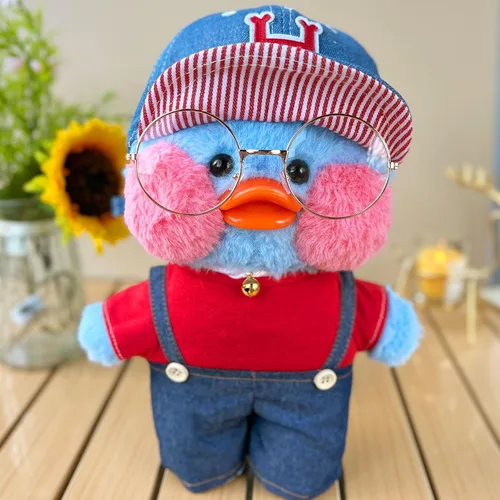 Vista 2 de Peluche de pato azul con 10 trajes, lindo animal de peluche con ropa y accesorios, regalos divertidos para niños y niñas (azul)