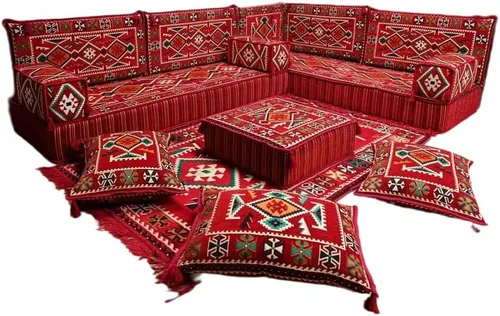 Vista 123 de arabicsofa Juego de asientos Jalsa en forma de L – Majlis árabe hecho a mano con almohadas de respaldo