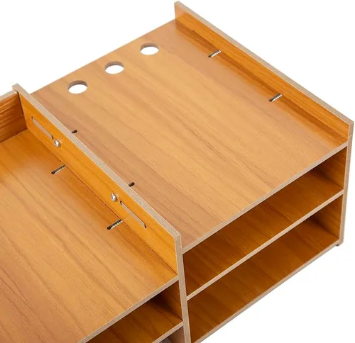 Vista 7 de Soporte ergonómico para monitor de madera,Estantes de monitor de escritorio pequeños con cajón,Organizador de escritorio de oficina en casa