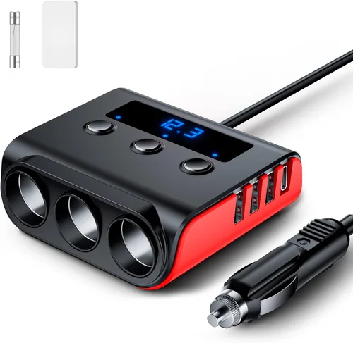Vista 8 de SONRU - Divisor de encendedor de cigarrillos 7 en 1, divisor de encendedor de cigarrillos con 4 puertos USB de carga rápida, interruptores
