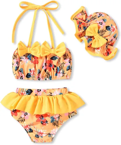 Vista 9 de Aalizzwell Conjunto de bikini de 3 piezas para niñas pequeñas con sombrero Bandera estadounidense