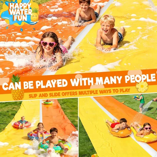 Vista 6 de iGeeKid Toboganes de agua de piña con 2 tablas de bodyboards para niños y adultos, juguetes de agua resistentes, aspersores, 2 carriles de carreras