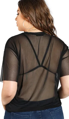 Vista 2 de Floerns Blusa de manga corta para mujer talla grande de malla transparente