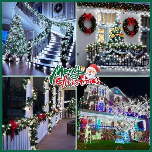 Vista 7 de Luces de Navidad para exteriores, 403 pies, 1000 luces LED, 8 modos y función de memoria con temporizador, luces de hadas parpadeantes, IP44, Blanco