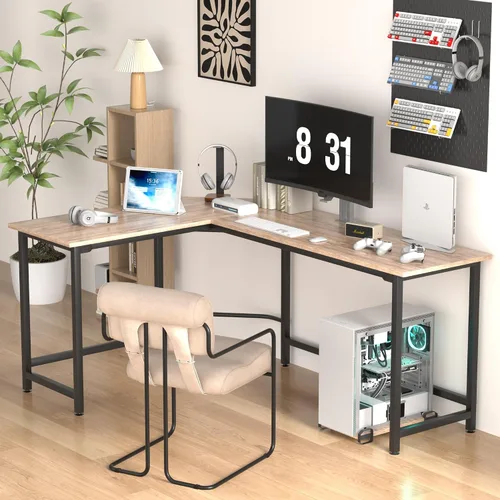 Vista 15 de VECELO - Escritorio de esquina, mesas de oficina para sala de estar para espacio pequeño, escritorio de computadora triangular con marco de acero
