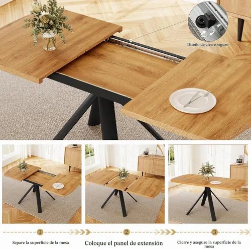 Vista 4 de HIPIHOM Mesa de comedor extensible para 4-6 personas, mesa rectangular de madera MDF de 47.2 a 63 pulgadas, estilo rústico de granja, diseño que