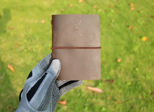 Vista 6 de Handy Picks Libro de registro de golf de cuero, hecho a mano y recargable, libro de golf y yardage incluido
