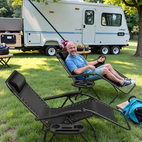 Vista 6 de Greesum Sillas Zero Gravity - Juego de 2 sillones reclinables ajustables de malla de acero para playa, terraza, césped, camping, patio, silla Negro